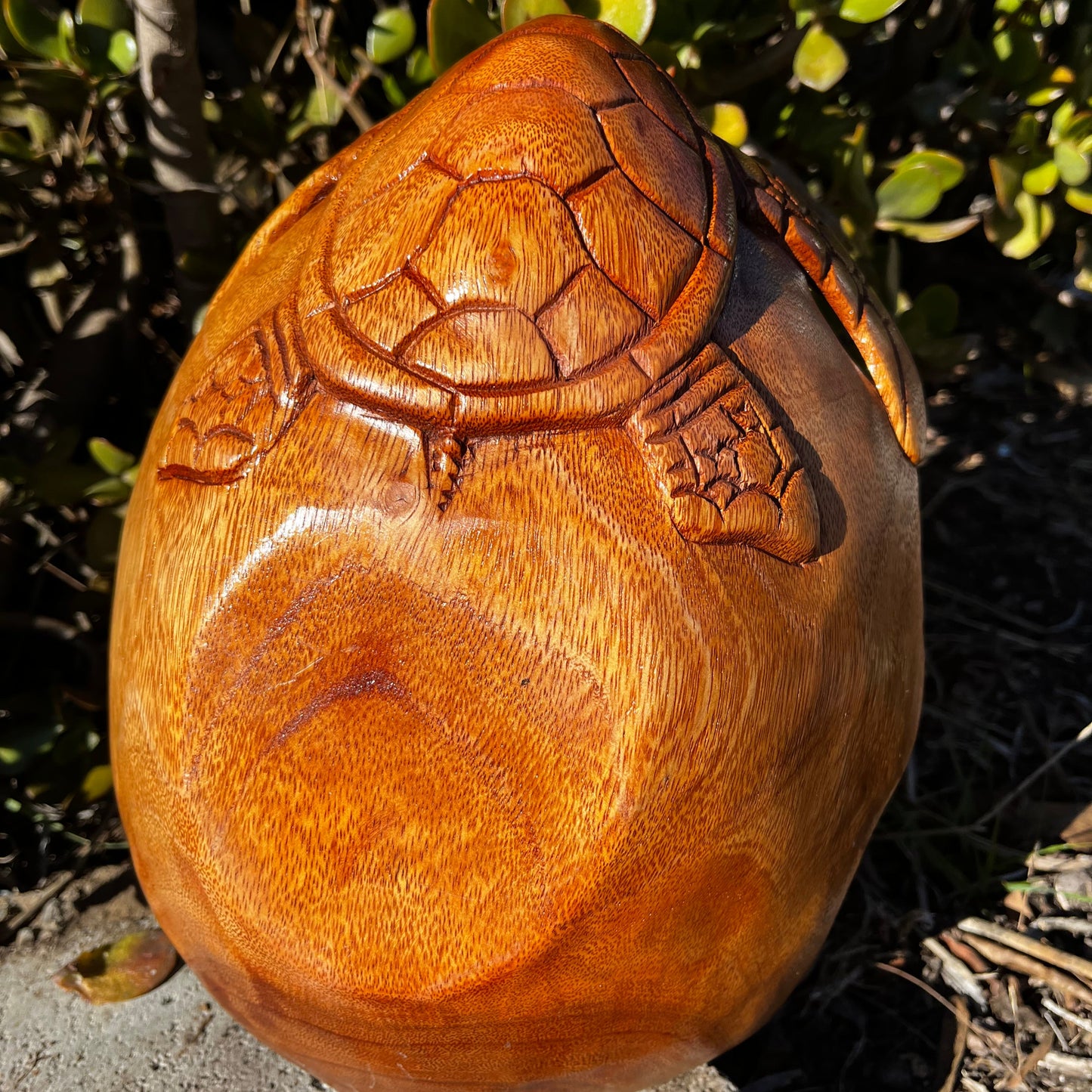 Full view of the back of the hand-carved wooden turtle decorative bowl, showcasing the smooth finish and fine craftsmanship. The back detail highlights the sturdy structure and the intricate carving work that enhances the overall design of this unique, ocean-inspired piece.