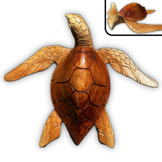3D Turtle Art Wood Sculpture showcased on a white background showing depth and lifelike detailing.