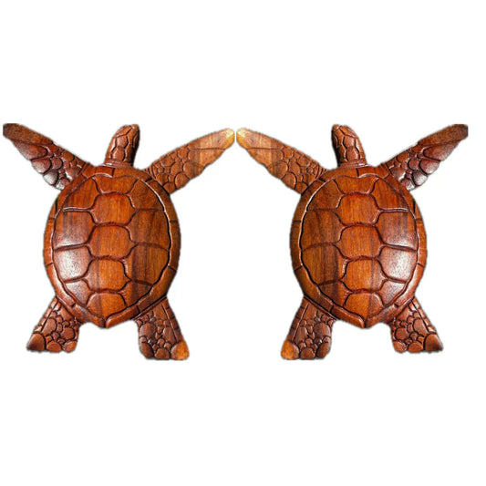 Wooden turtle wall hanging art decor showcased on a white background to get in depth view of carving on turtle shell for honu hatchling art