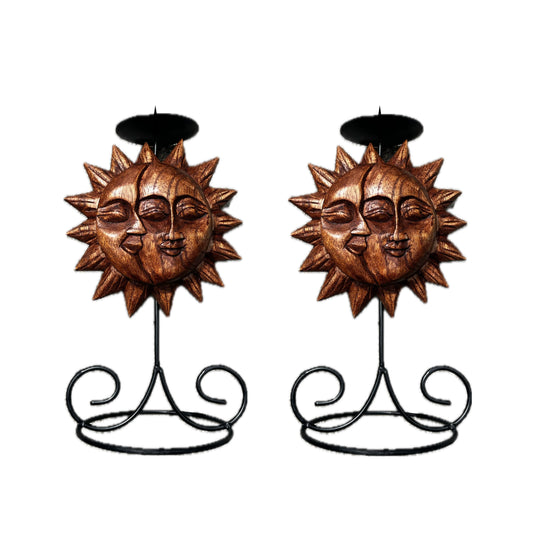 Sun and moon wood candle holders with intricate carvings