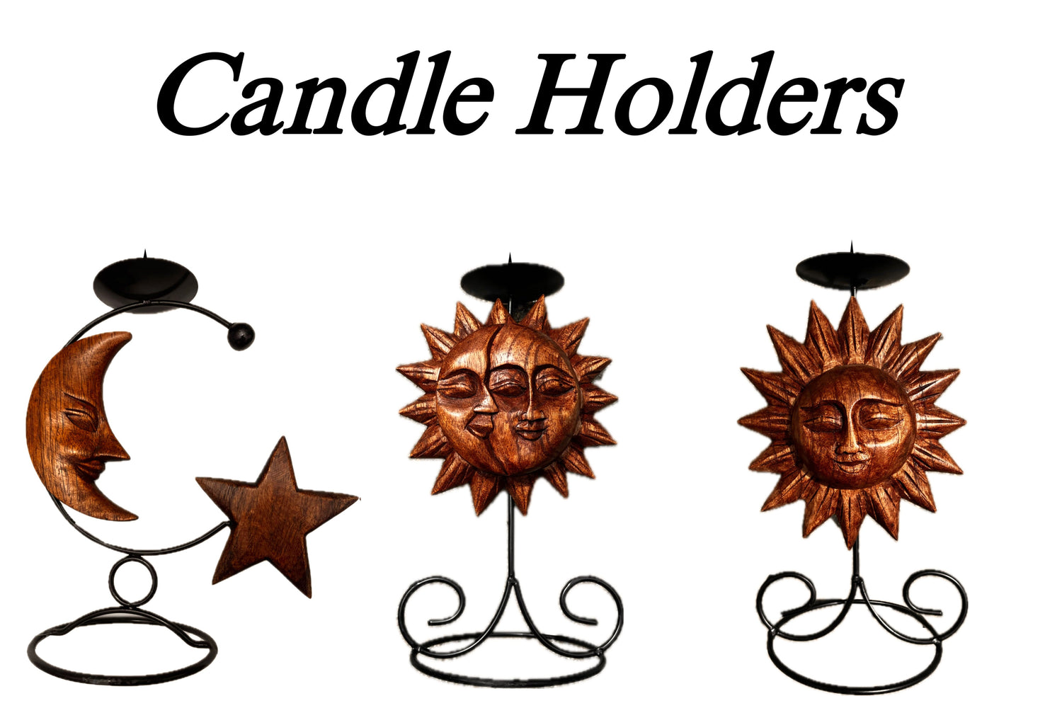 Handmade wooden metal candle holder's nature designs collection, showcased using sky sun, moon, and stars. From Burst Living.