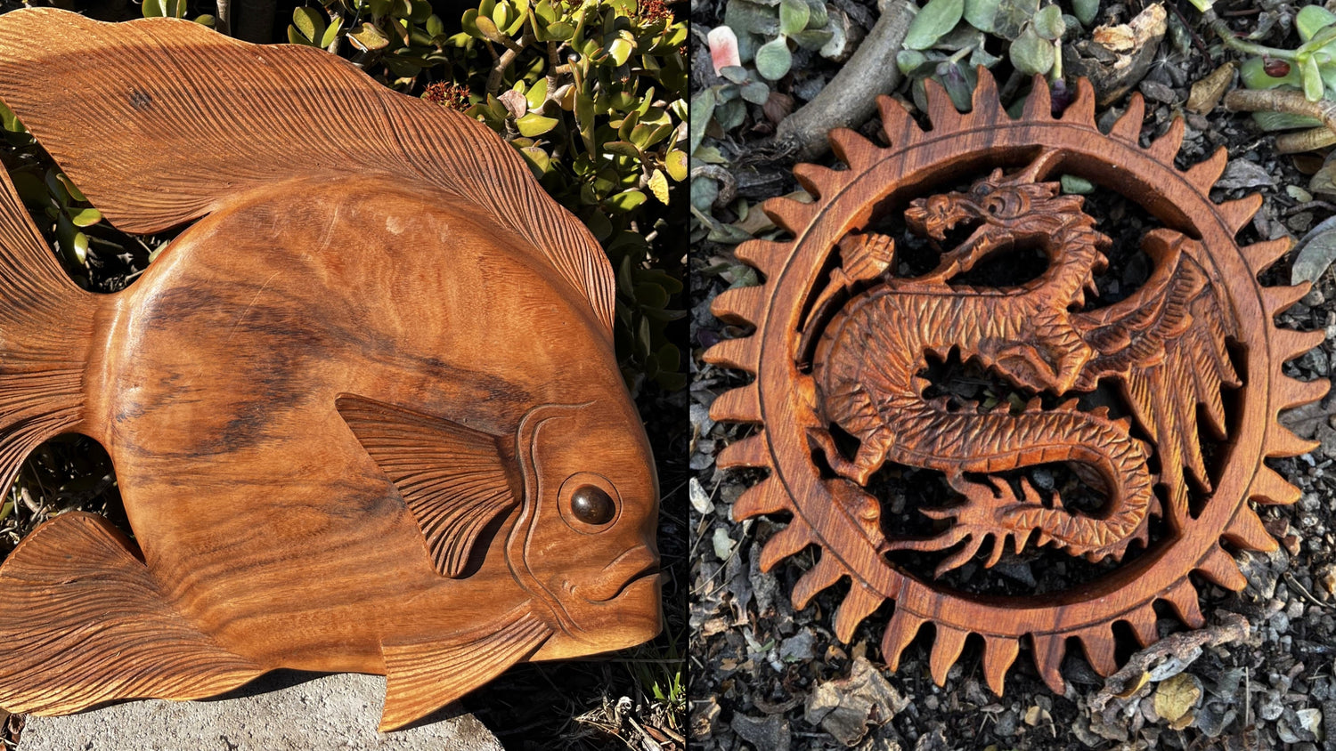 Hand-crafted wooden wall plaques from Burst Living, showcased with fish and dragon wall decor art.