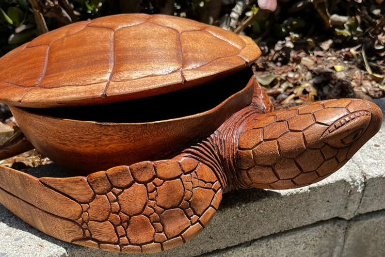 A close-up view of the details of a turtle bowl carved by skilled artist on the island Bali, Indonesia