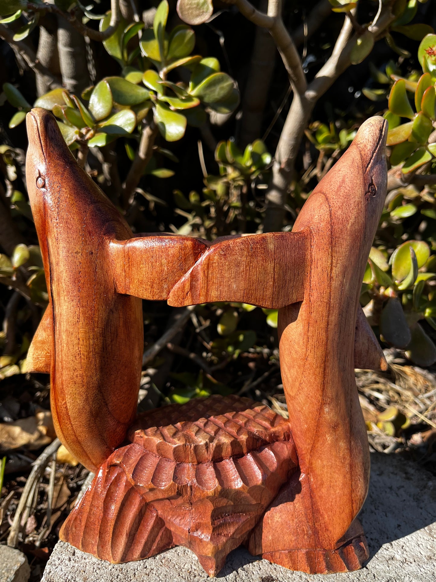 A beautifully hand-carved wooden dolphin hugging a loving beer bottle or can holder. This unique piece showcases intricate detailing of the dolphins' curves, adding a whimsical and ocean-inspired touch to your home. Crafted from high-quality wood, it makes a perfect statement piece for any room or beach-themed décor.