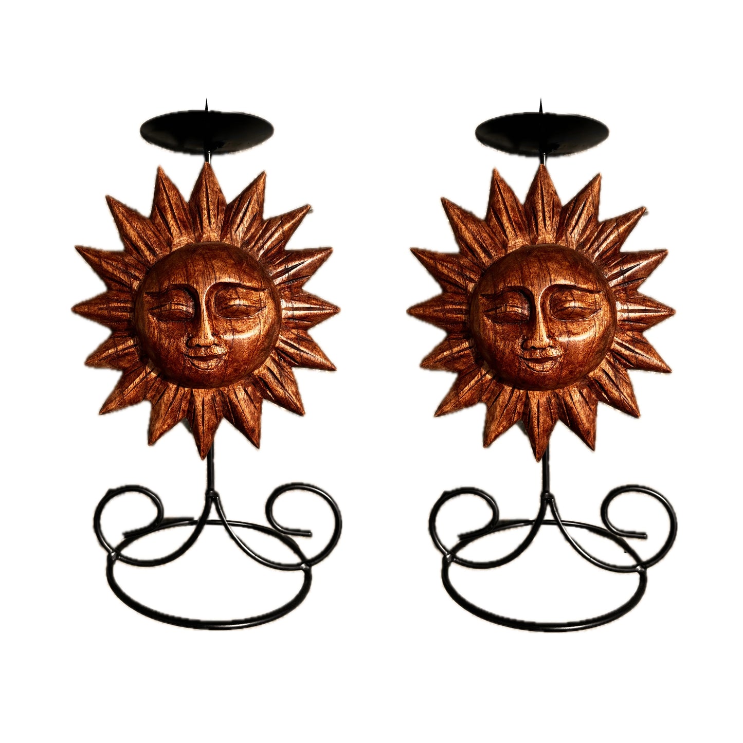 Handmade sun face candle holder, showcasing intricate craftsmanship, displayed on a white background. 