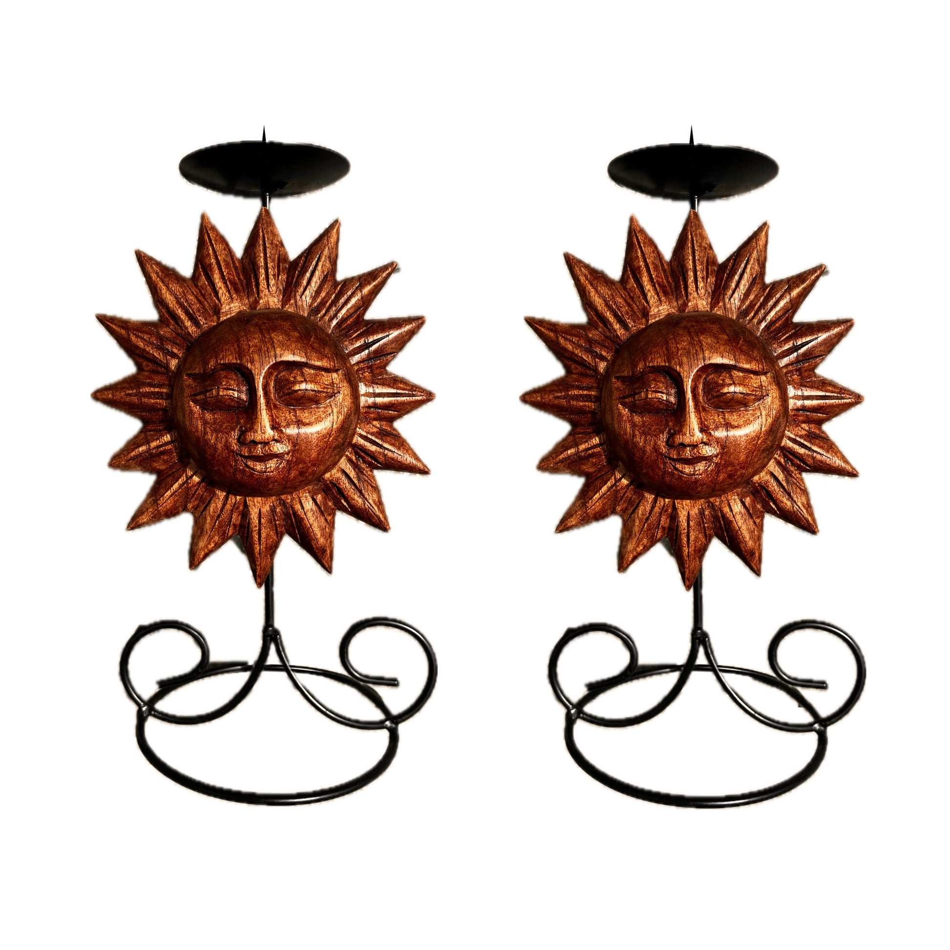 Handmade sun face candle holder, showcasing intricate craftsmanship, displayed on a white background. 