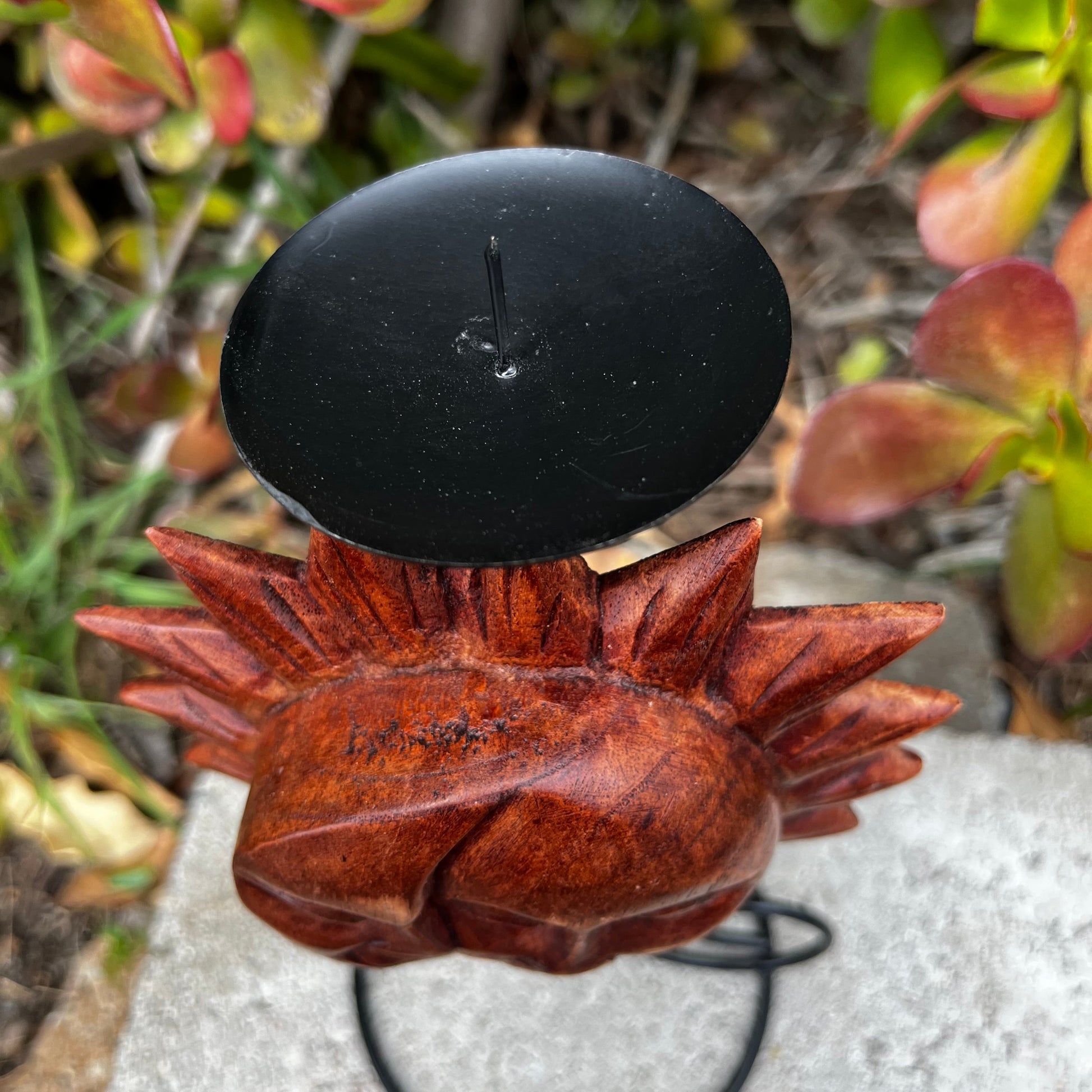 Handcrafted Wood Sculpture featuring Sun and Moon with Candle Holder showing candle place, nature-inspired home decor