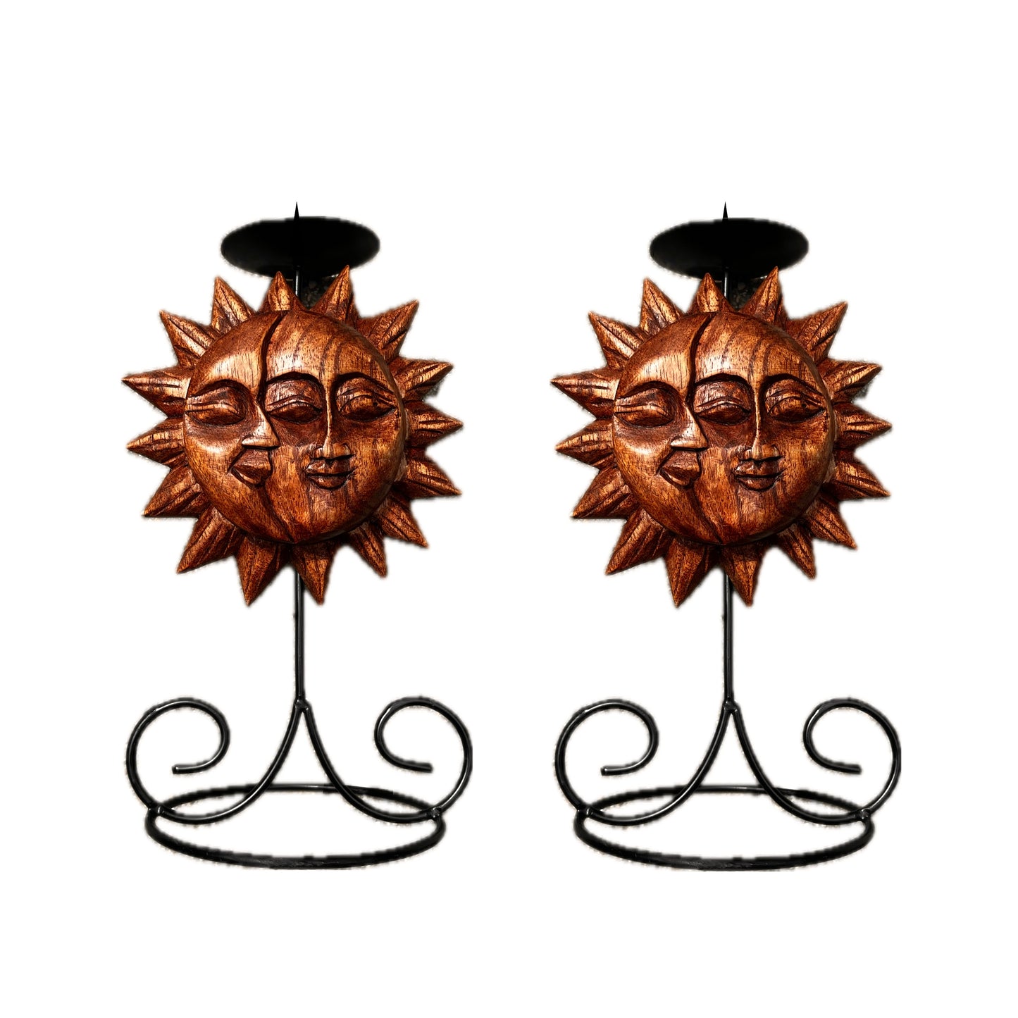 Handmade sun and moon face candle holders, showcasing intricate craftsmanship, displayed on a white background. 