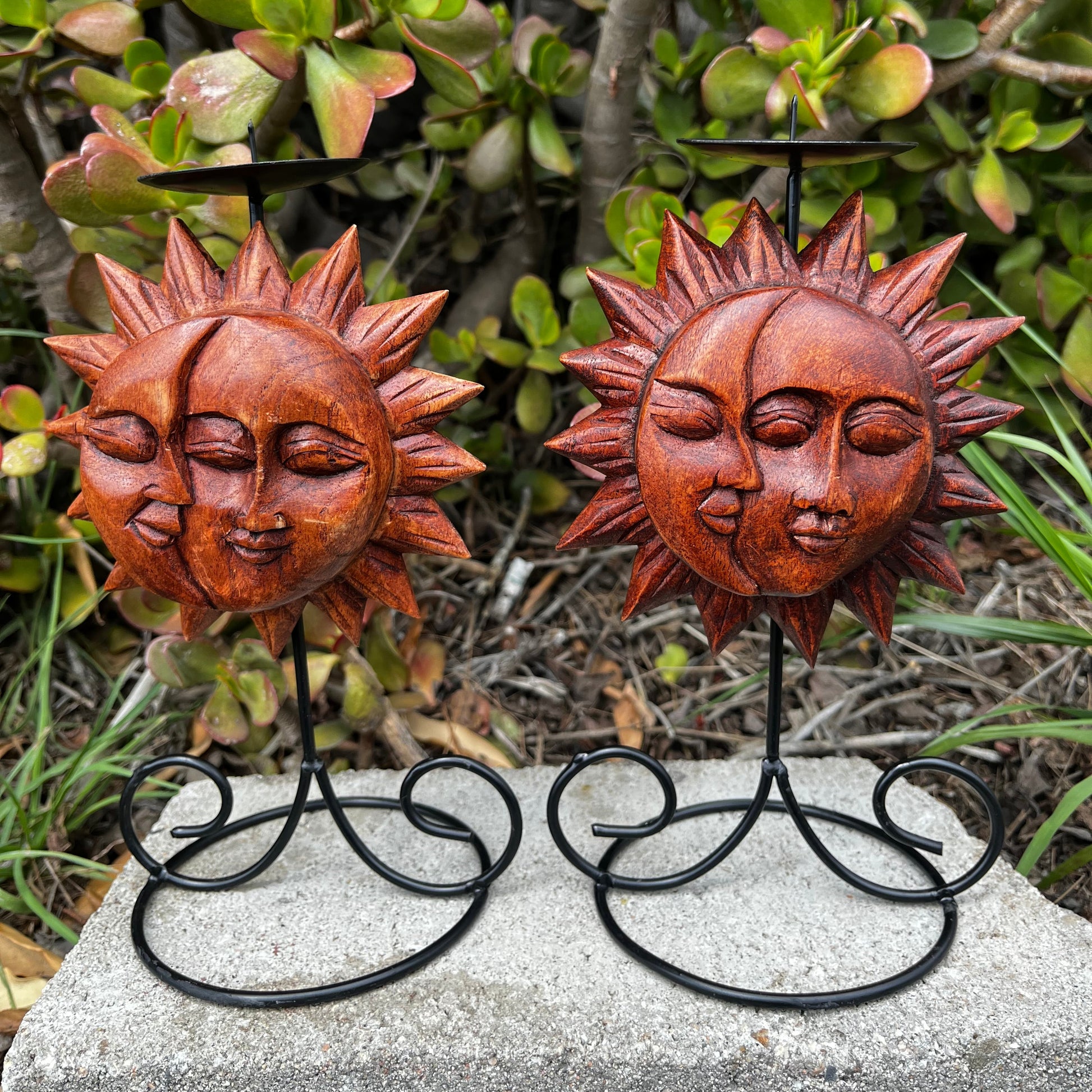 Sun Moon fragrance candle holder, handmade with intricate details, perfect for home accents, displayed on a nature-inspired background.