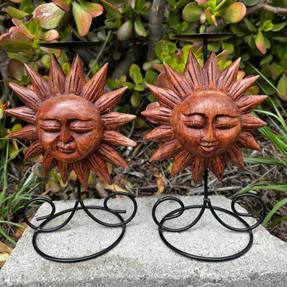 Sun candle holder, handcrafted from wood, showcasing intricate details, displayed on a white background. 