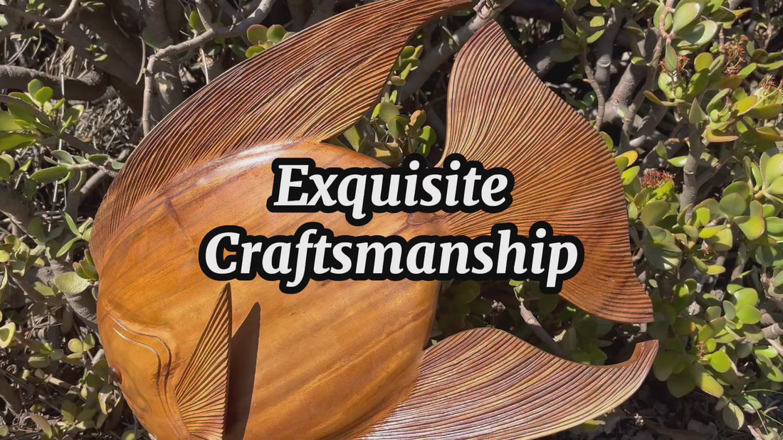 Video showcasing carving sculptures that are available on burstliving.com including sea turtles, discus fish, elephant plaques, and more land and sea animals.